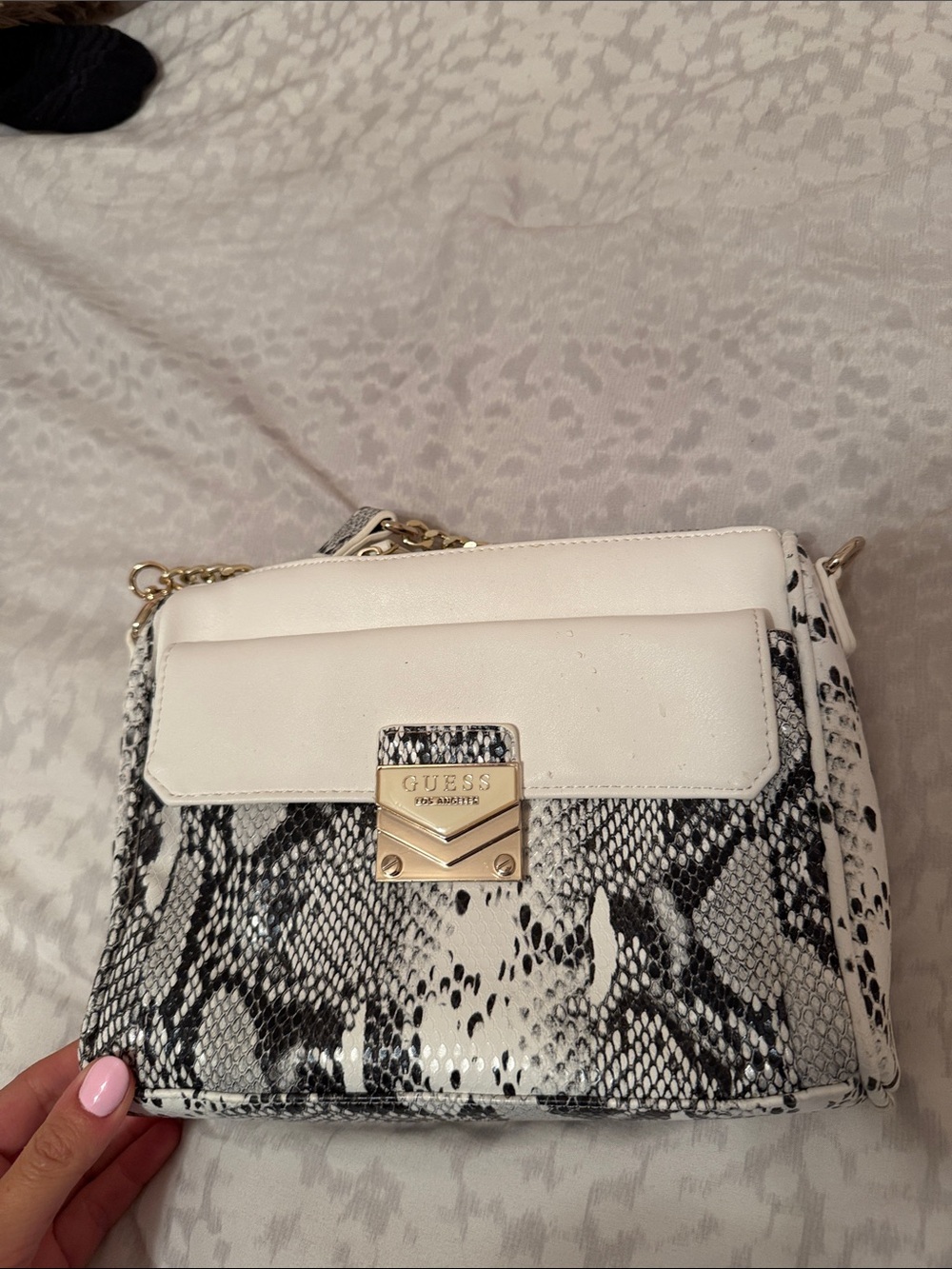 GUESS White & Black Snake-Print Chain Crossbody Bag
